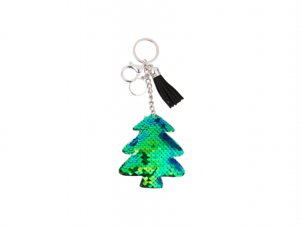 Sublimation Sequin Keychain w/ Tassel and Insert (Blue and Green Christmas Tree)