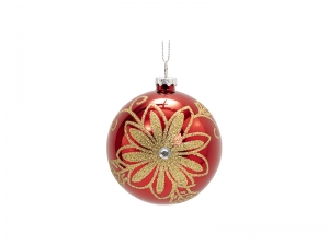 8cm Plastic Patterned Christmas Ball Ornament w/ String(Red, Flower)